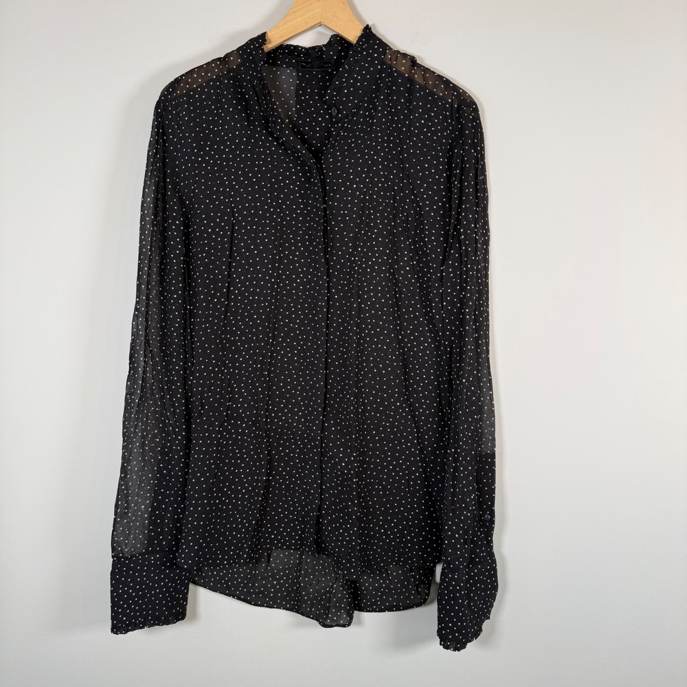 Rag & Bone Farren Polka Dot Ruffle Button Up Blouse Top Large Black White Sheer
